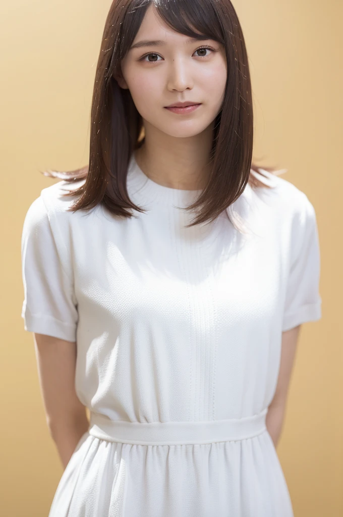1 Girl, (Summer clothes:1.2), Very beautiful Japanese idol portraits,
(RAW Photos, Highest quality), (Realistic, Realistic:1.4), (masterpiece),
Very delicate and beautiful, Very detailed、wonderful, finely, Very detailed CG Unity 8K 壁紙, Very detailed, High resolution, Soft Light,
Beautiful detailed girl, Very detailed目と顔, Beautiful and sophisticated nose, finelyて美しい目, Cinema Lighting,
(Simple light color background:1.3)、Complete Anatomy, Slender body, Small breasts, smile