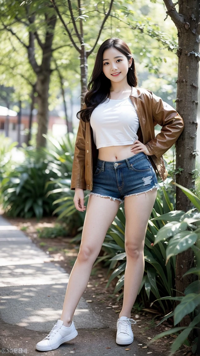 masterpiece, best quality, Surreal, Ultra Detailed, 8k resolution, RAW photos, Clear focus, (A girl in the forest), Beautiful woman in brown jacket and red sleeveless t-shirt, Brown clothes, Loose Brown Shorts, brown jacket with long sleeves,Full body posture, Solitary, Perfect body, Become a, 32 inches in the chest,(a charming smile:1), (sexy pose),26 years old, light,White shoes