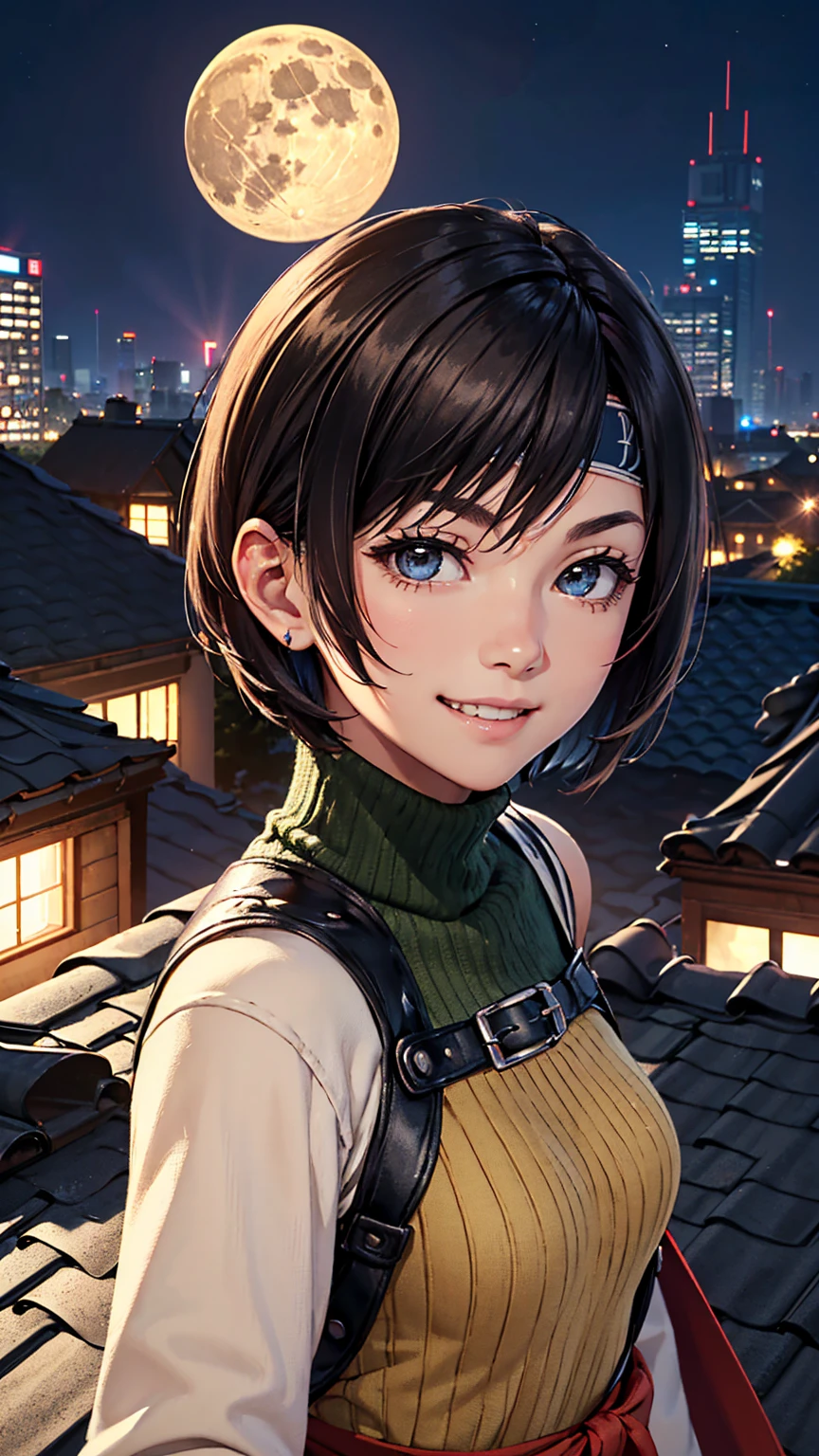 8K quality,(super masterpiece:1.3),Highest quality,Detailed Images,The real picture,Natural lighting,symmetrical beauty,1 female,Yuffie Kisaragi,20-year-old,(微smile,smile,smile),Hairstyle(short hair),head band,turtleneck,No sleeve,(very cute:1.3),background(On the roof,rooftop,night,full moon),(Face directly towards the camera,Looking directly at the viewer,looking at the camera,The body faces the viewer,The body is facing the direction of the camera,Face looking straight into the camera).