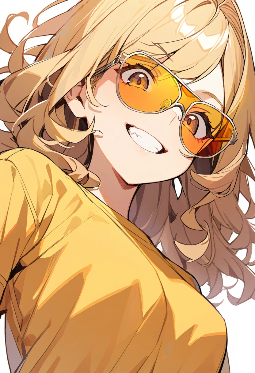 1girl, solo,yellow eyeliner,Blonde long wavy hair,brown eyes ,yellow shirt,color sunglasses,grin,ridicule,simple background,upper body,from below,