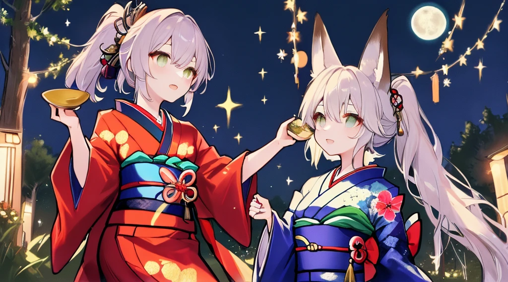 best qualtiy, 超A high resolution, A detailed face, A detailed eye, beautiful sexy woman, black and red kimono, moon in background, nigh sky, holding sake in hand, Sparkle, butterflys々, Fantastical, Looking up at the moon, sit at the base of a tree,