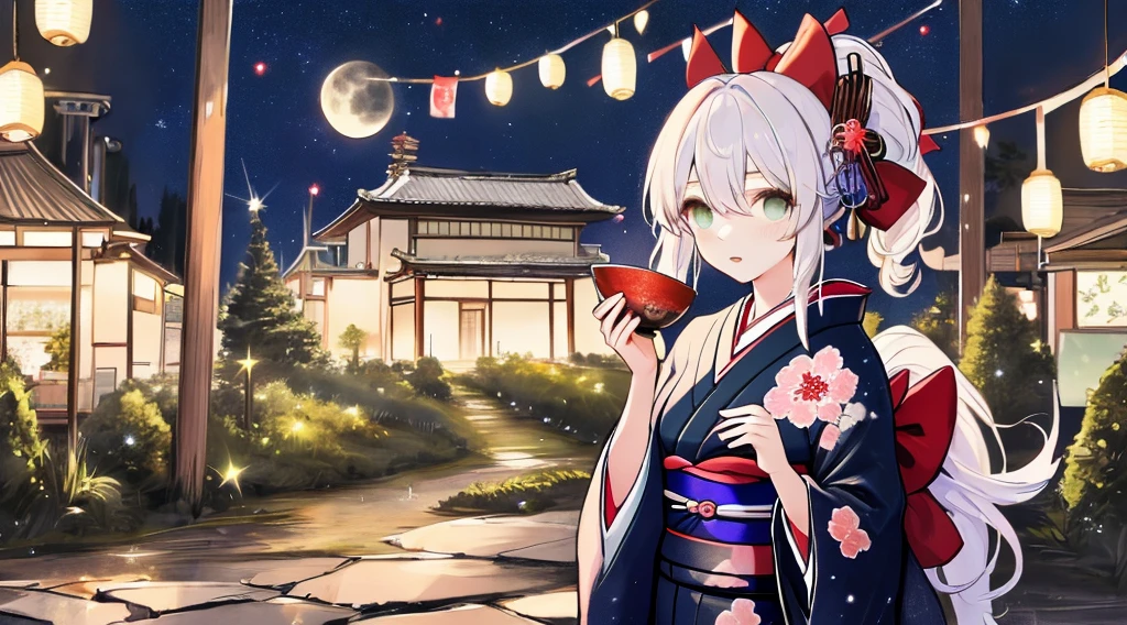 best qualtiy, 超A high resolution, A detailed face, A detailed eye, beautiful sexy woman, black and red kimono, moon in background, nigh sky, holding sake in hand, Sparkle, butterflys々, Fantastical, Looking up at the moon, sit at the base of a tree,