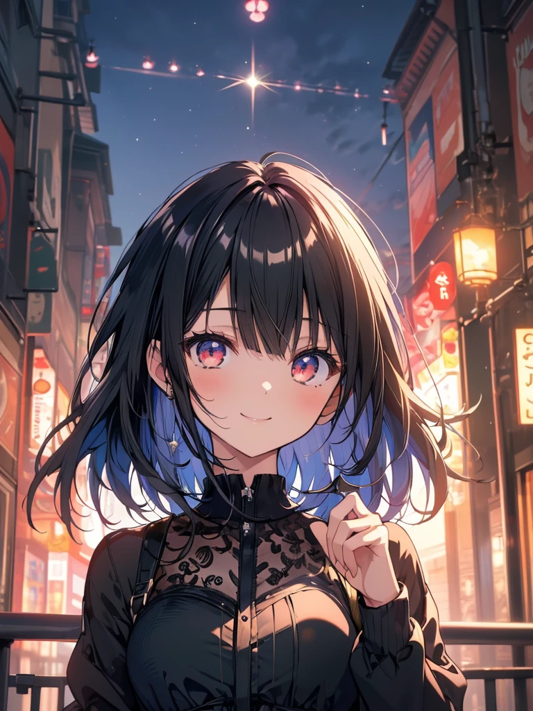 (masterpiece, highest quality, highest quality, (No text), Beautiful and aesthetic:1.2),No text,アニメ、 high resolution　BREAK,One Girl，Short black hair　Tree Eyes　Beautiful eyes　Red eyes　Beautiful girl　cool　smile　Black Coat　mini skirt　Whole body　Left facing　Night view　Detailed eyes and face