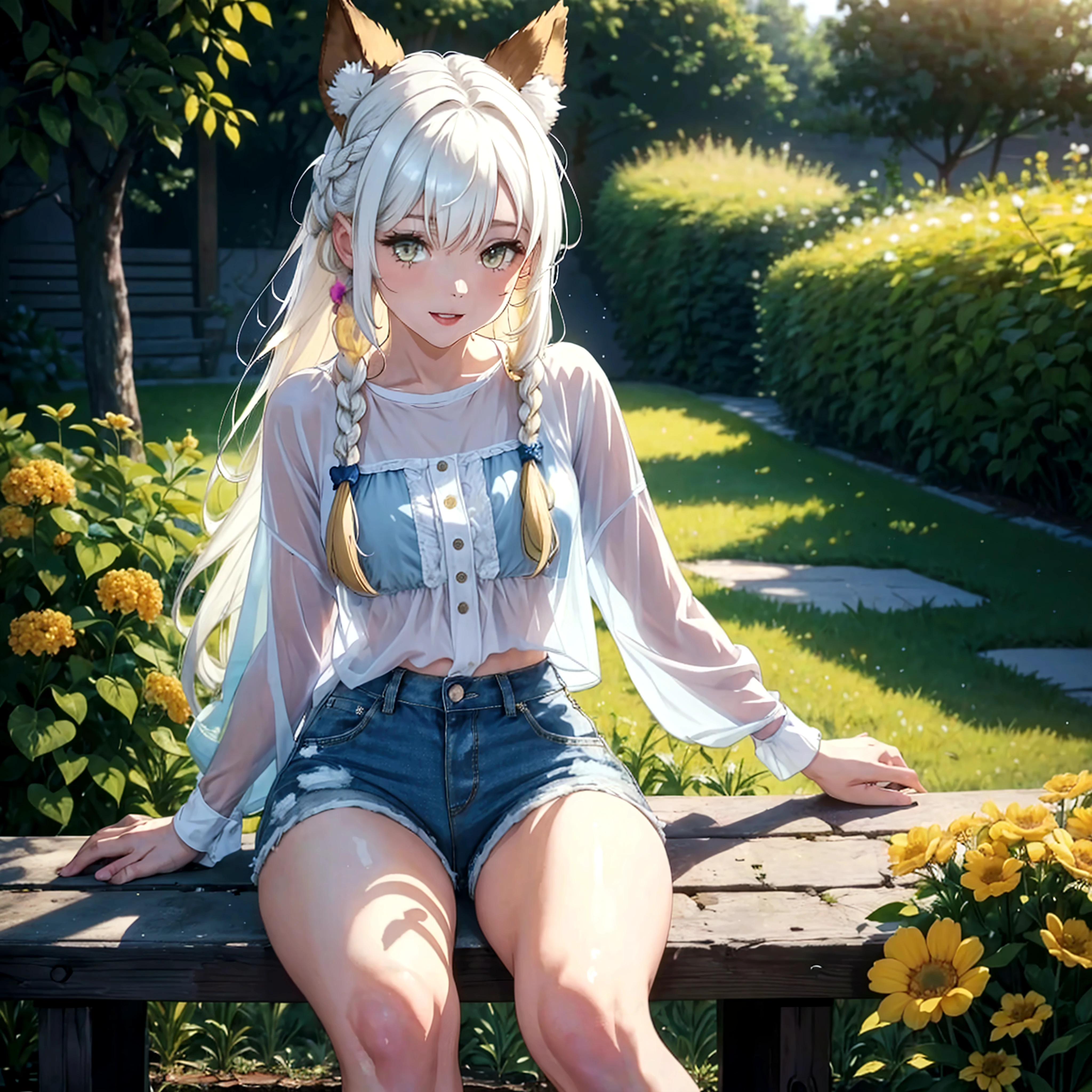 Girl with dog ears and tail, erect ears, honey yellow eyes, Highly detailed eyes, long hair and((((( White))))) with a small braid on the sides, denim shorts, translucent blouse, whole body, looking up, open mouth smile, big chest, beautiful body, detailed face y con amplia gama de gestos, sitting on a bench around a garden with flowers of various colors, detailed background, detailed face, Play of light and shadows, cinematographic, high quality, 8k, Masterpiece,