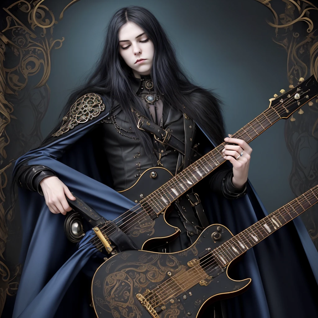 Dark fantasy style,I think the background is mainly blue in Gothic style.,A 22-year-old rock youth with long flowing hair who loves playing guitar,death metal,Wearing a fluffy cape,Close-up of face from upward angle,Close your eyes and indulge in the expression,Show temperament and charm,Steampunk style high-tech equipment,Brass Machinery,There's smoke behind,occultism,Photography top lighting,The smoke creates a hazy layered feeling,Contemporary oil painting effect,Freehand large brushstrokes,Highly artistic expression。