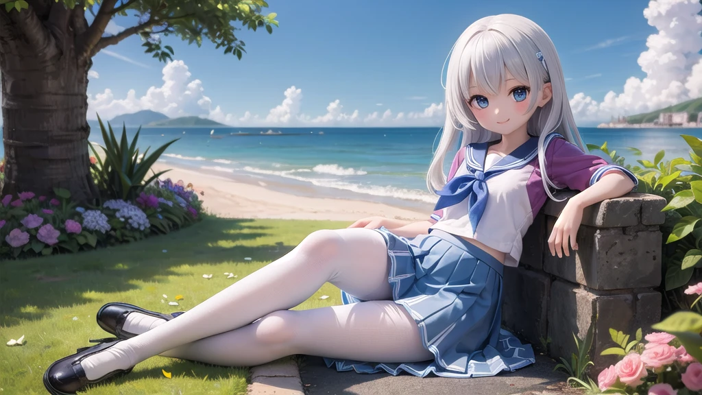 (masterpiece), town, blue sky, One Girl, Place the person on the right, smile, alone, Sailor suit、Long skirt, Overgrown, petal, plant、Skirt lining、White slip、nostalgic、White Pantyhose、I can see the ocean in the distance, Crotch close-up