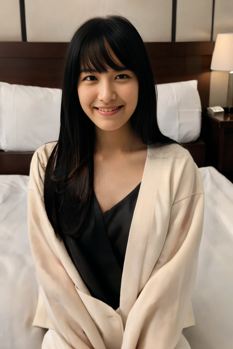 ((One woman,1 female)), ((cardigan, Formal blouse, It is an elegant pants:1.5)).
((Hotel Bed:1.5)), ((Sleep on your back, Sleep on your back, From above撮影, From above写真を撮る, From above, From above撮影, Sleep on your back:1.5)), ((Hotel Bed:1.5)), ((Hotel Bed:1.5)).
(beautiful straight black medium hair:1.7), (small natural breasts:1,7), ((flat chest:1.8)).
Perfect Makeup, Looking into the camera, Mature face, Shy Smile, strong maternal qualities;, Staring at this, Face is close, Staring at this, Ultra-fine, Beautiful Hair,Transparent Photo, Have a look at this, Perfect Fingers, Perfect Face, Detailed Background, Fair skin, Translucent white skin, Perfect Fingers, Detailed Background, Highest quality, 超High resolution, Perfect Anatomy, High resolution, RAW color photos, Professional photography, Very delicate, Very detailed, Finely detailed, Large file size, Best image quality, 16K, Award-winning works, Tabletop, Professional Photography,