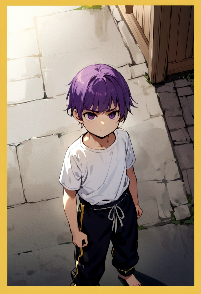 6 years old boy, purple hair with bangs, dark purple eyes, black 2-strap pants, white t-shirt with yellow border. arrogant