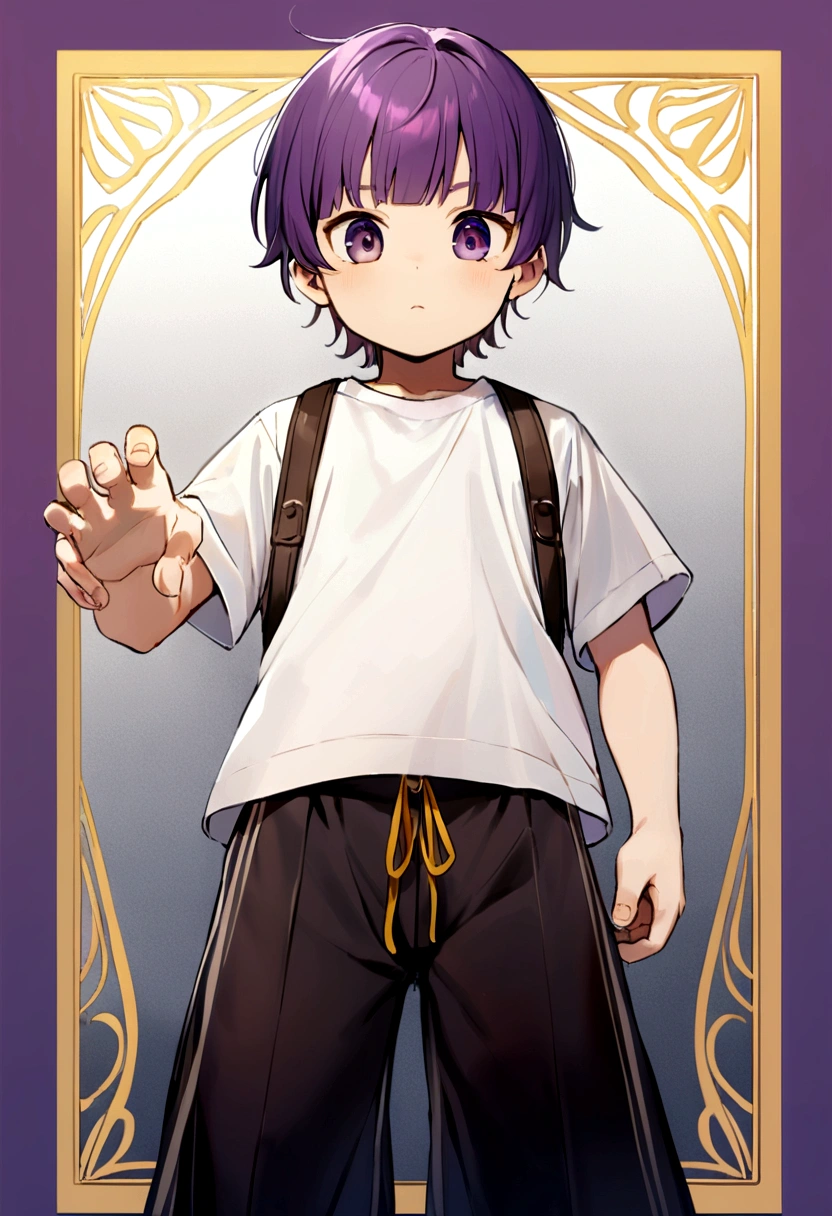 boy, purple hair with bangs, dark purple eyes, black 2-strap pants, white t-shirt with yellow border. arrogant