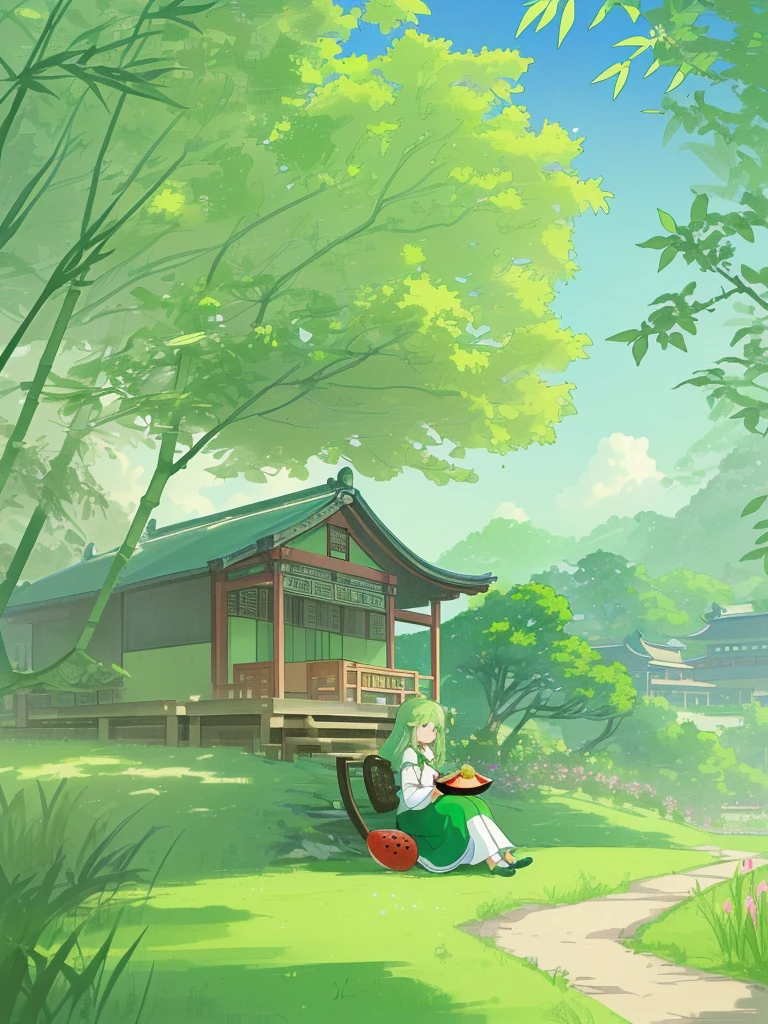 Cute little girl,Sit on the grass and eat watermelon,There is a round watermelon in the bamboo basket in front.,Background is blue sky,field,Several houses,Beautiful rural scenery;Chinese traditional colors,China has 24 solar terms;Exquisite game illustration style;A green plum tree on the corner,Big Tree,Flowers,exuberant;The background is light green,The stars sparkle,Captures the dreamy atmosphere of a fairytale world,Soft pastel shades,Light yellow-green color scheme,Reminiscent of Hayao Miyazaki's style,high resolution