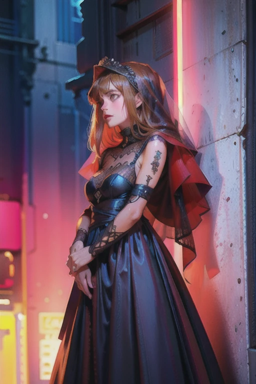 Mature girl wearing a dress and veil, a highly detailed masterpiece, high resolution, perfect, reddish lips, brown eyes, leaning against the wall, neon colors