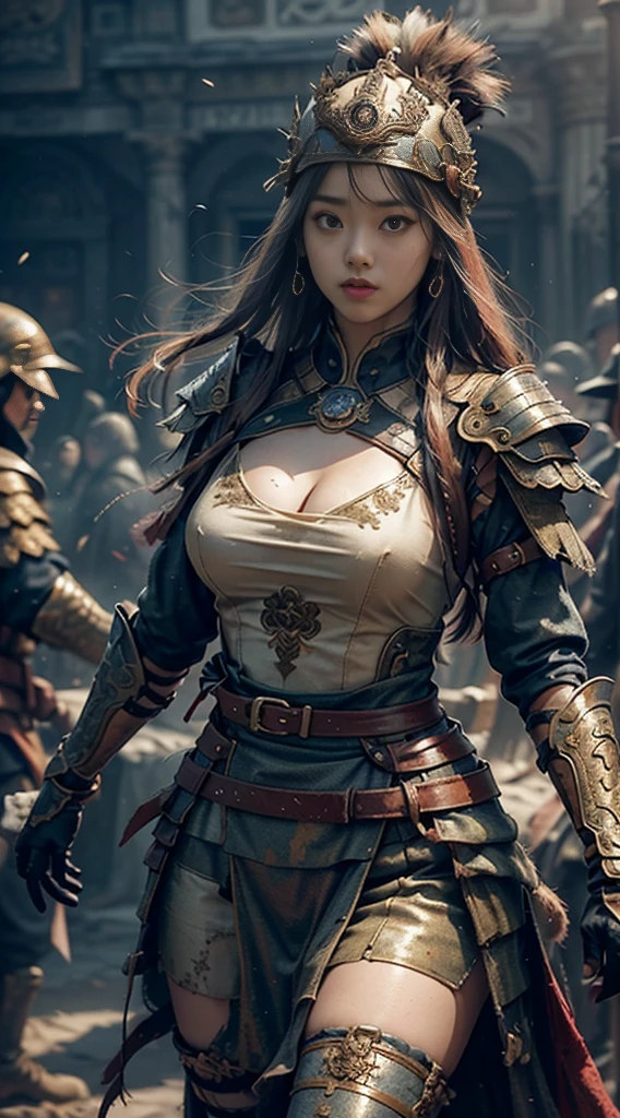 Chinese sneering busty beautiful girl,sexy strong beauty,Perfectly beautiful and charming face,Fair and bright facial features,Seven-point shot,(Desolate ancient battlefield:1.2),(Handheld weapons:1.2),overtake,overtake美乳,sexy big cleavage,Thin waist and wide hips,Thick Arms,白皙細緻油亮overtake大胸,性感overtake低胸Exquisite和短裙,The gorgeous armor emits a shiny metallic luster,Vampire Fangs,There is blood on the corner of the mouth,Ultimate picture quality,CG unified 16K,優秀物overtake所值細緻,Detailed background,High saturation,Bright colors,HDR high dynamic,True restoration,Exquisite,Pay attention to details and strengthen,1億overtake高像素,Perfectly presents the artistic style of Midway。