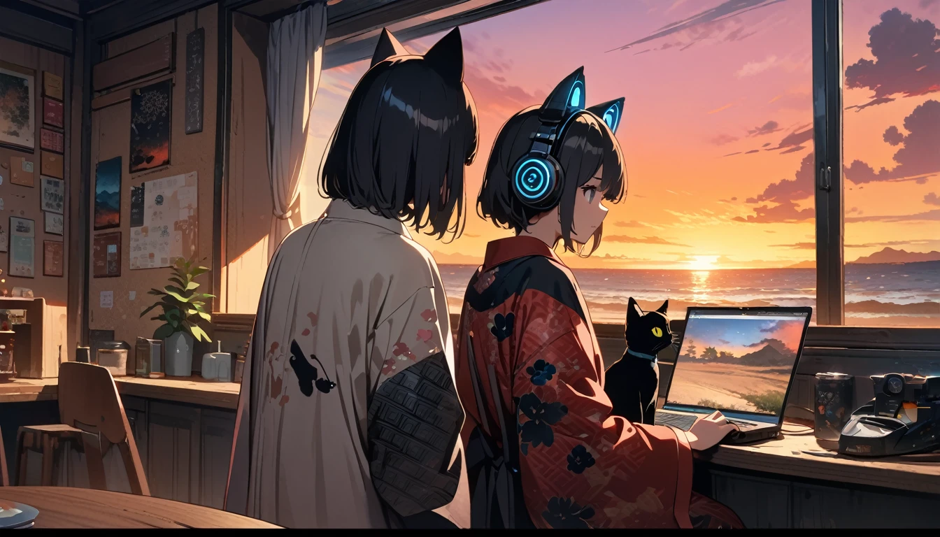 ((8k of extremely detailed CG unit, Masterpiece, high resolution, highest quality, highest quality real texture skin)), (((shoot from behind))), (wearing Japanese pattern headphones), (((Black cat))), ((1 cat)), ((Watching the sunset in a cozy cafe)), ((computer)), ((Sunset beach from the big window)), (Japanese pattern costume), (surreal, digital painting)
