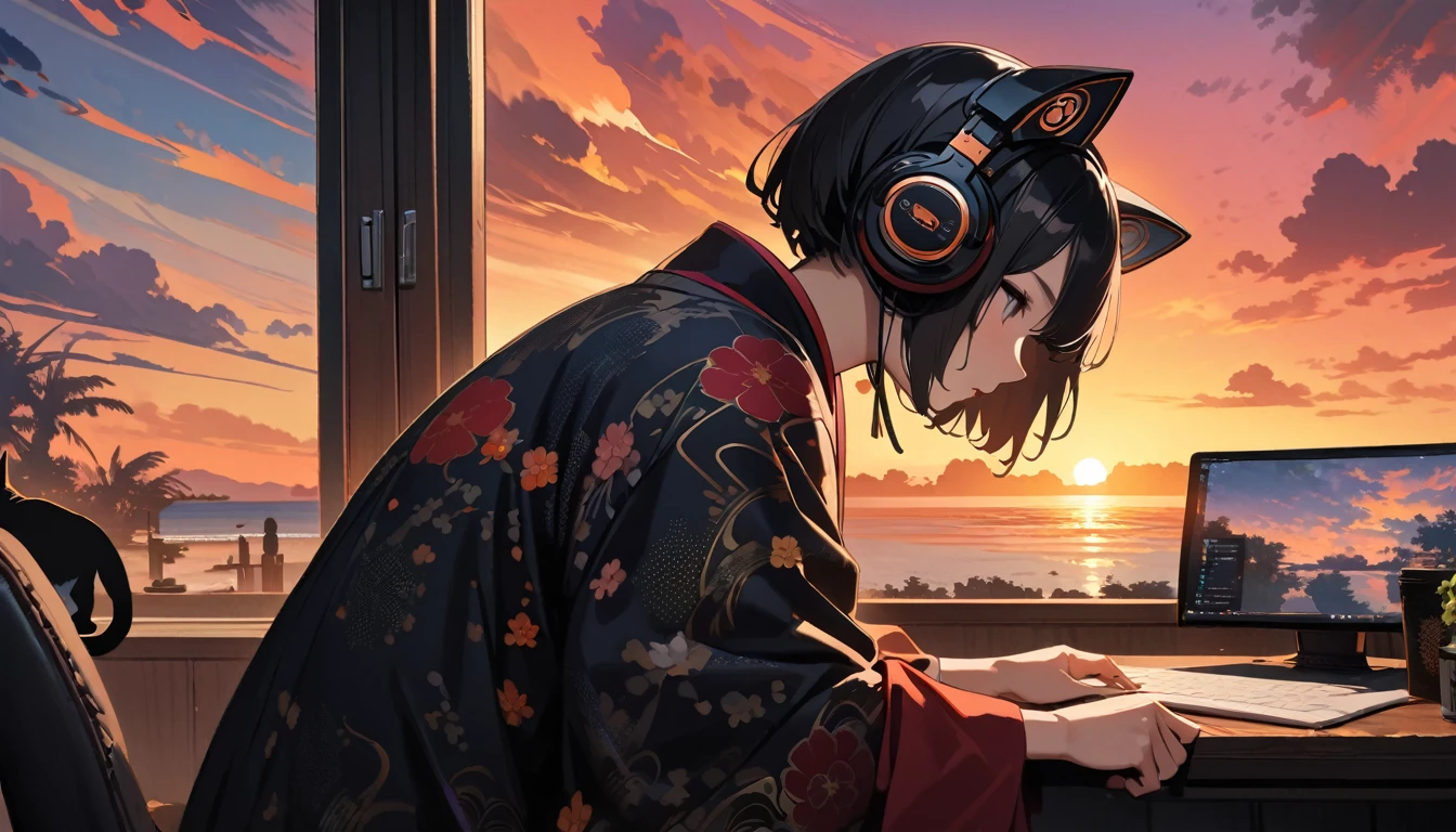 ((8k of extremely detailed CG unit, Masterpiece, high resolution, highest quality, highest quality real texture skin)), (((shoot from behind))), (wearing Japanese pattern headphones), (((Black cat))), ((1 cat)), ((Watching the sunset in a cozy cafe)), ((computer)), ((Sunset beach from the big window)), (Japanese pattern costume), (surreal, digital painting)