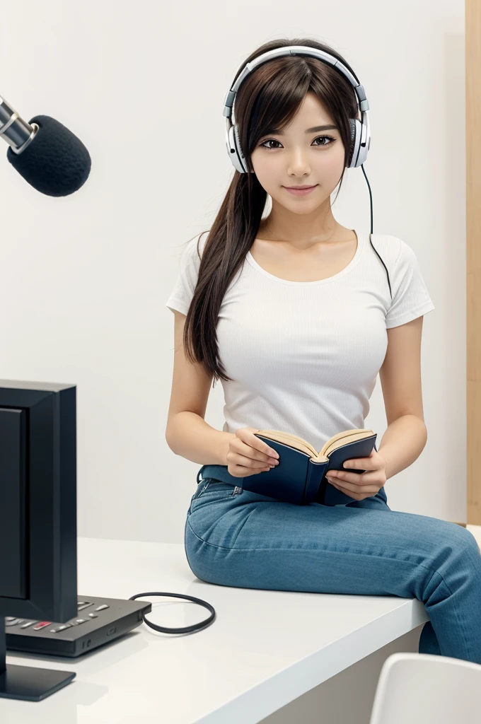 A anime character enjoying with holding books and wearing earphones sitting on a table with fully white background 