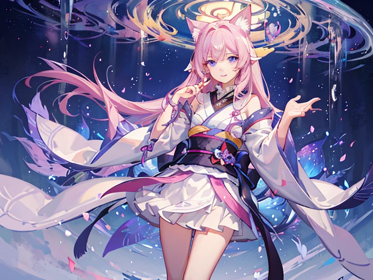 (best quality、masterpiece、very good、very good、Beautifully、16K、Full HD) 、mystery、fantasy、fantasy World、adventure、village、Soft sunlight、Clear skies、Smile、(Energetic)(Purple Eyes、Long eyelashes、White skin、Slim、Light pink lips、Pale pink cheeks、Slender)、(Thin and high nose、Small nose)、Kimono white fox ears