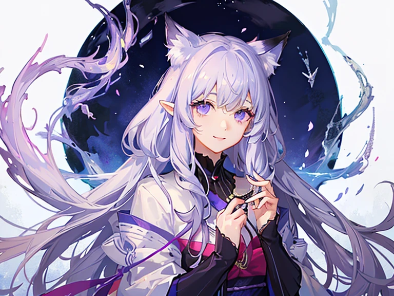 (best quality、masterpiece、very good、very good、Beautifully、16K、Full HD) 、mystery、fantasy、fantasy World、adventure、village、Soft sunlight、Clear skies、Smile、(Energetic)(Purple Eyes、Long eyelashes、White skin、Slim、Light pink lips、Pale pink cheeks、Slender)、(Thin and high nose、Small nose)、Kimono white fox ears