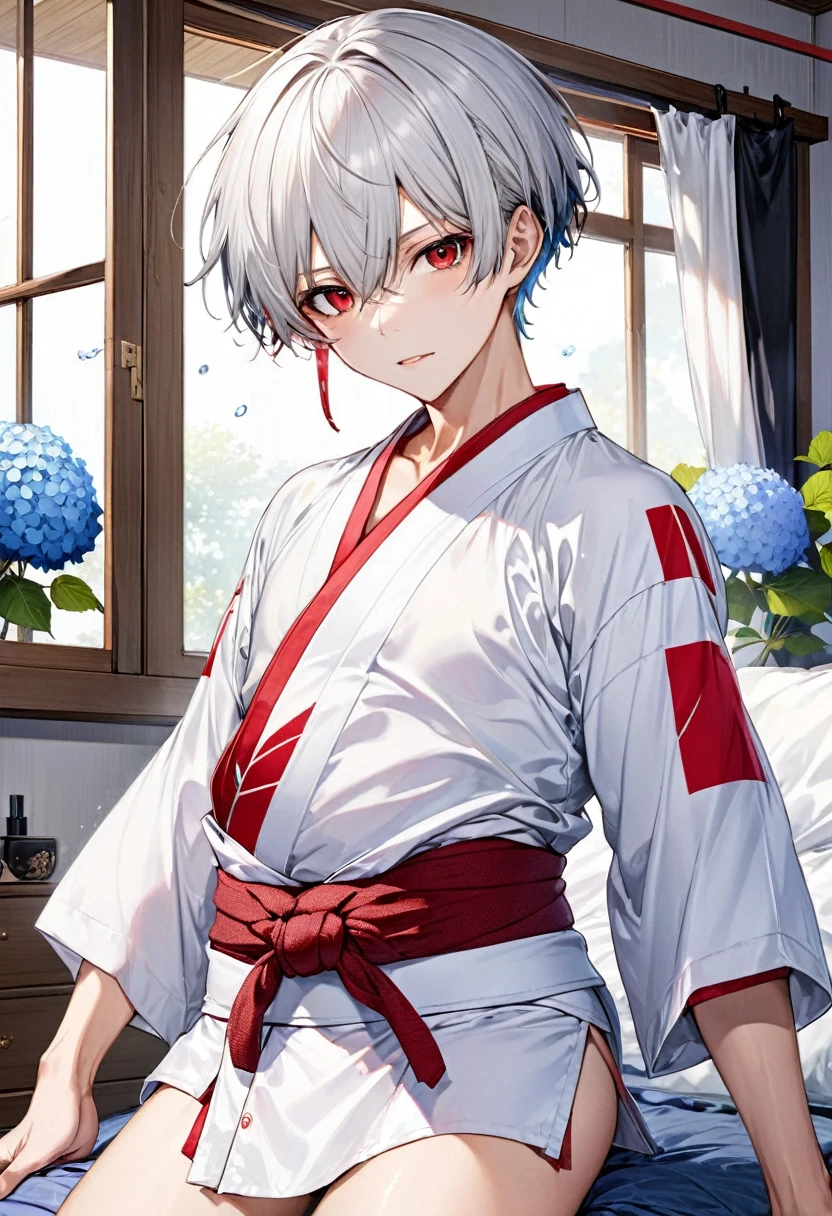 (japanese festival style) (16 yo, solo crew cut silver hair very short hair divine fighter boy, detailed cool red eyes, serious face, flat chest), (in a japanese fundoshi:1.8), break, (in the Hakata Yamakasa), BREAK, perfect anatomy, masterpiece, best quality, 16k, beautiful detailed grow, daydreaming expression.