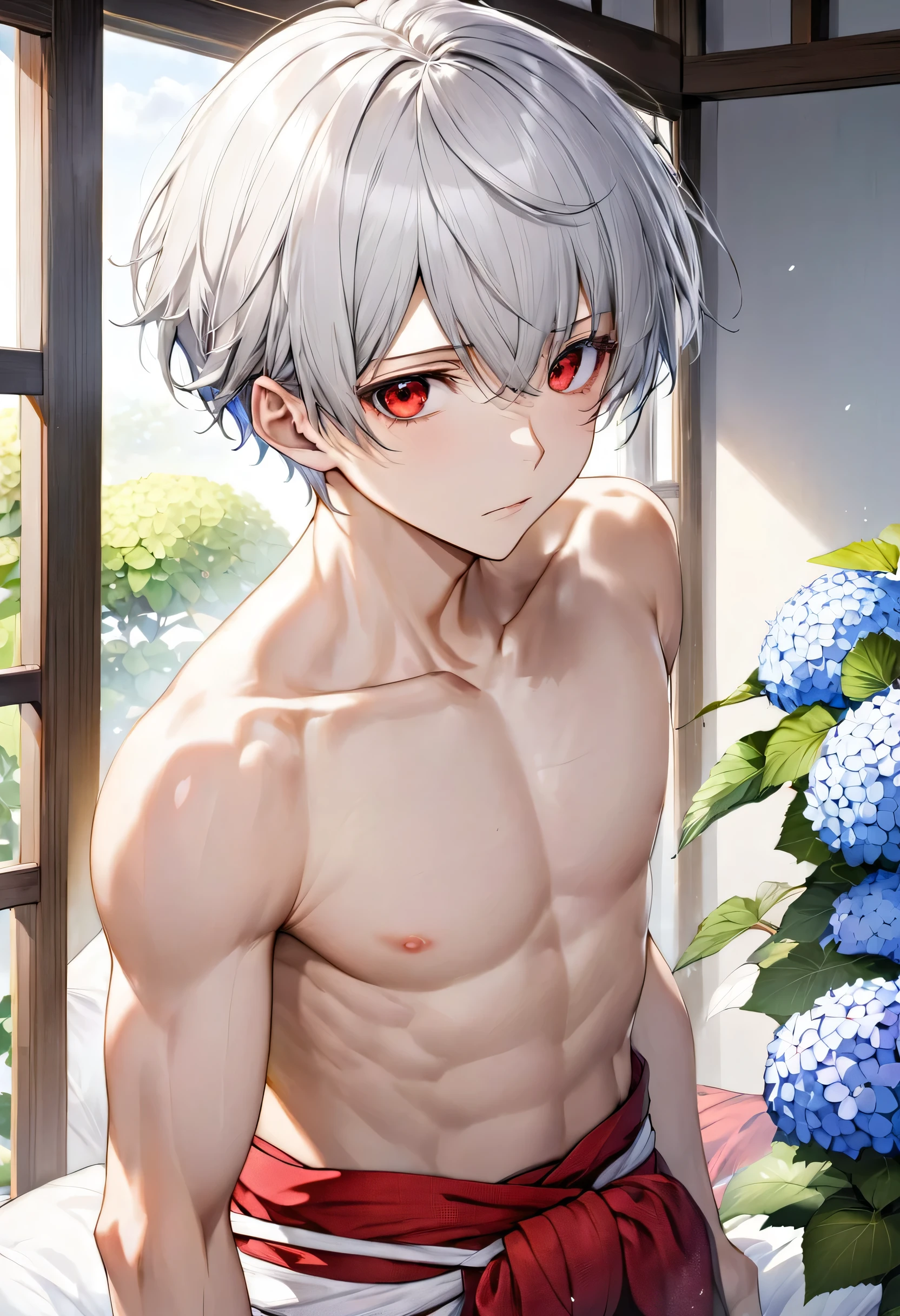 (close up face) (16 yo, solo crew cut silver hair very short hair divine sword fighter boy, detailed cool red eyes, serious face, flat chest), (in a japanese loincloth, fundoshi:1.4), break, (in the simple bedroom, background Through the window, out side A cluster of hydrangeas), BREAK, perfect anatomy, masterpiece, best quality, 16k, beautiful detailed grow, daydreaming expression.