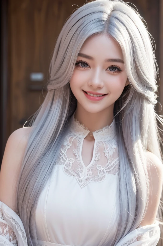 Best picture quality，Ultra-high resolution，8K resolution，girl，Colored eyelashes，Smile，Long hair，White hair，Lace trim，Dress