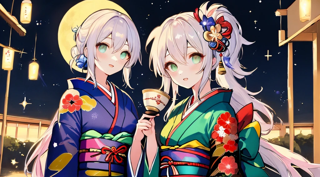 best qualtiy, A high resolution, A detailed face, A detailed eye, beautiful sexy woman,kimono, moon in background, nigh sky, holding sake in hand, Sparkle, butterflys, Fantastical,