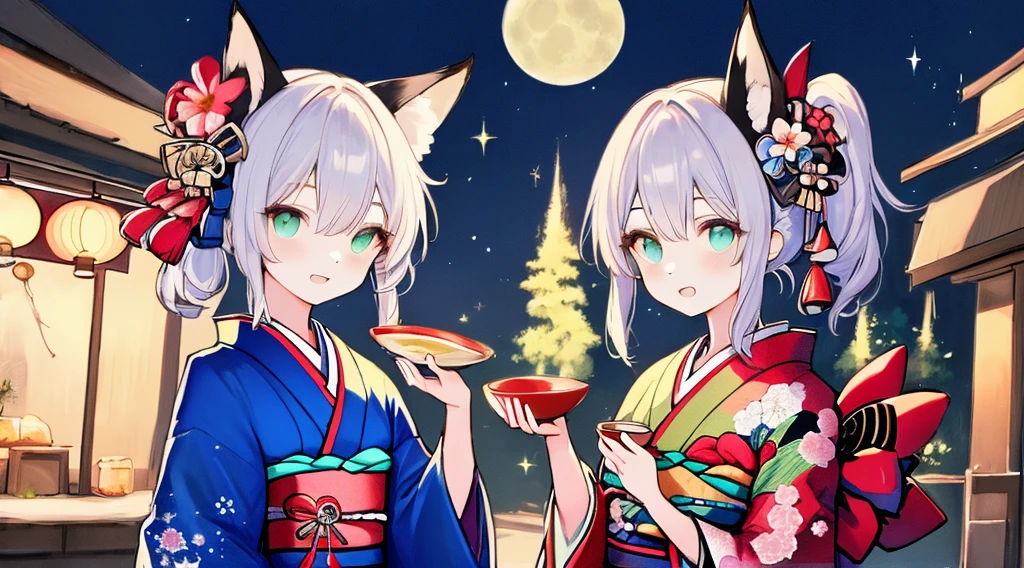best qualtiy, A high resolution, A detailed face, A detailed eye, beautiful sexy woman,kimono, moon in background, nigh sky, holding sake in hand, Sparkle, butterflys, Fantastical,