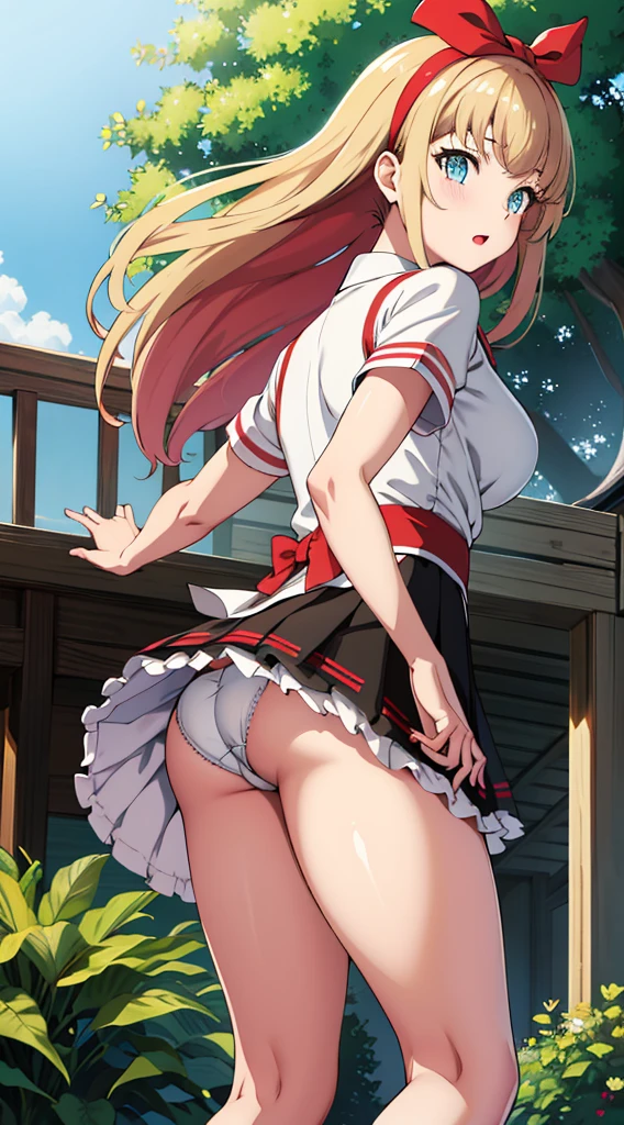 Without skirt、The skirt is flipped up、Without skirt、White underwear、In underwear、Panties in full view、White panties、 1, 1girl, asahina mikuru, long hair, kita high , solo, short sleeves, red ribbon, large breasts, cowboy shot, waving, outdoors, Underwear in full view、From the back