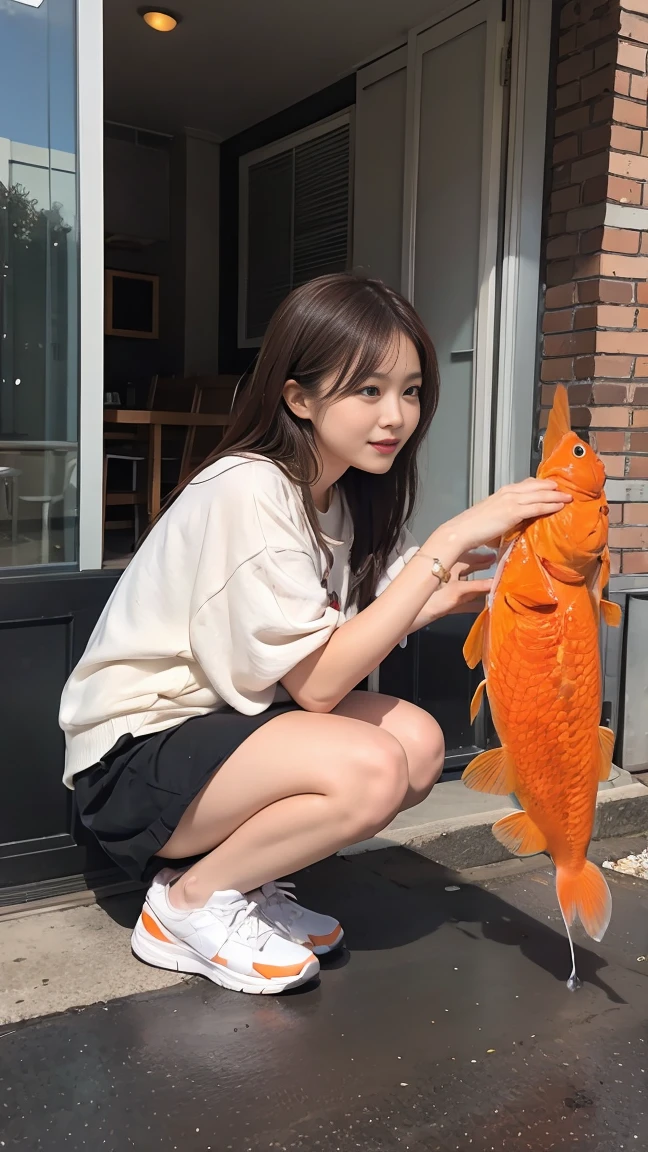 Squatting down to scoop up goldfish