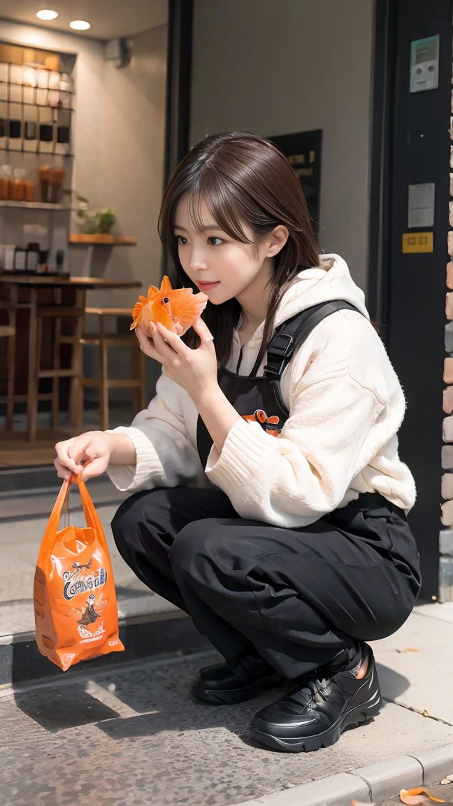Squatting down to scoop up goldfish