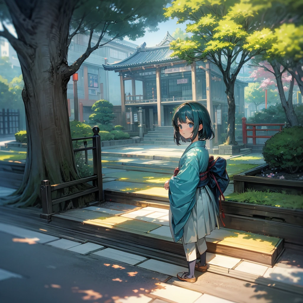 Japanese street, tree garden, lofi animetion anime girls