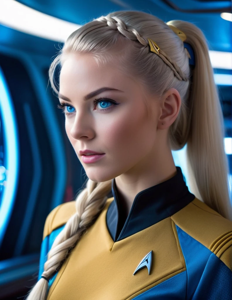 very attractive 25 year old girl with long platinum blonde hair, Beautiful Young Woman wear a Star Trek Uniform, standing on the bridge on Enterprise cantina, Blue Eyes, perfect Skin, Perfect Body, Perfect Face, masterpiece, 8k. Sublime Light, rimlight , vulcan woman, close up, very realistic, head shot, hair styled in a french braid