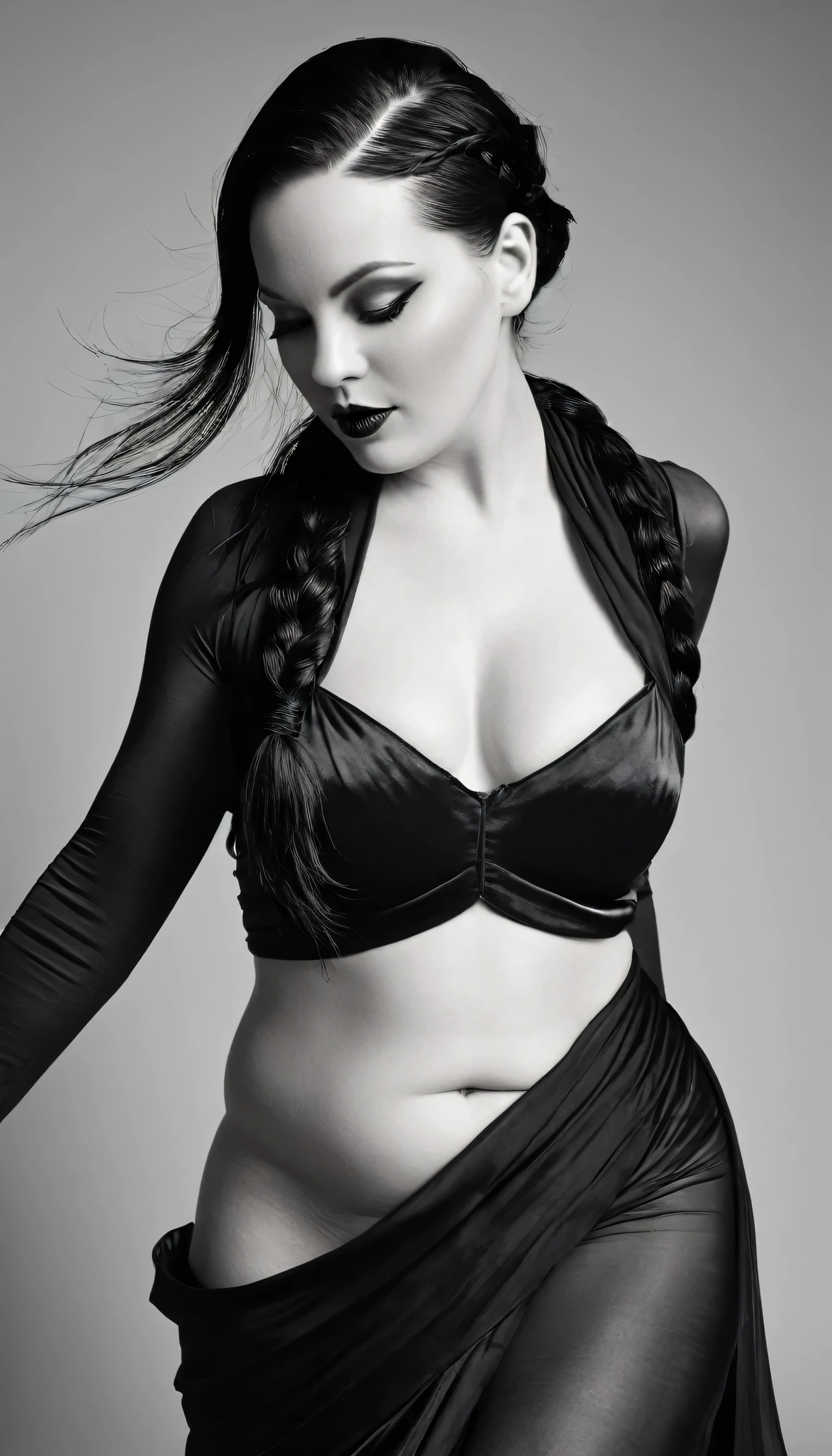 A stunning, high-realistic, studio photograph of a chubby scandinavian woman, (Ingrid Mueller) 35 years old, goth woman. black dyed hair , sidecut and braided hairstyle dancing, nude. naked. pale skin . goth make-up, dancing . clothed only in intricately draped, flowing black silk scarves, evoking a sense of elegance and grace. Captured in a monochromatic color palette, the black and white tone amplifies the textures and shadows, adding depth to the fluid, energetic movement of the subject. Soft, diffused lighting accentuates the woman's sinuous curves, as her slender limbs seem to blur in motion, exuding a sense of freedom and joy. energetic. aesthetic