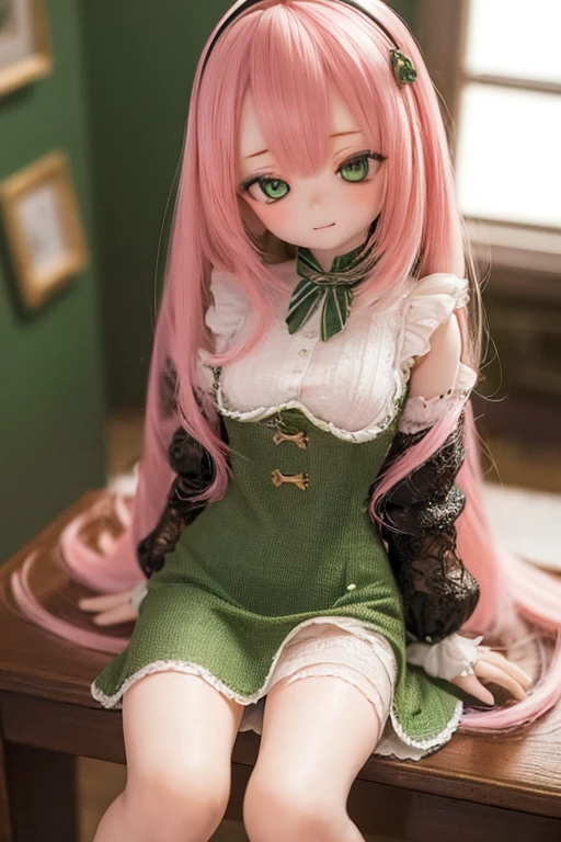 ((highest quality)), ((masterpiece)), (extremely detailed), kukolnydom, doll, mature woman, solo, from eye level shot, sitting on desk, green eyes, (looking down, blank eyes:1.3), light smile, pink hair, long hair, hairband, blunt bang, formal fashion, museum, 8k