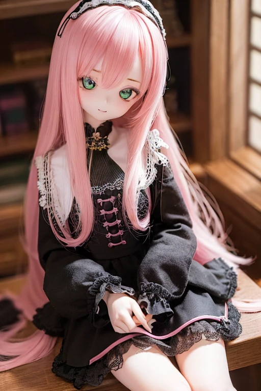 ((highest quality)), ((masterpiece)), (extremely detailed), kukolnydom, doll, mature woman, solo, from eye level shot, sitting on desk, green eyes, (looking down, blank eyes:1.3), light smile, pink hair, long hair, hairband, blunt bang, formal fashion, museum, 8k