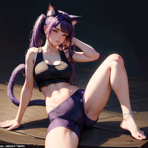 Cat ear, alone, Jeremy Lipking, William Bouguereau, (Alphonse Mucha:0.5), By d-art , SFW Purple Hair Girl, Cat ears and tail, Wearing a tank top and racing pants. Large Breasts Twin tails Female genitalia is visible Detailed depiction of female genitalia Flat Chest Stern expression Spread your legs