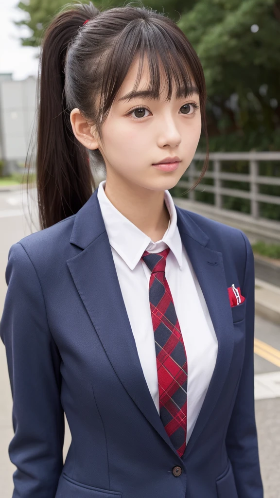 Japanese、17 years old、high school girl、Navy blue blazer uniform、Red and gray plaid mile、ponytail