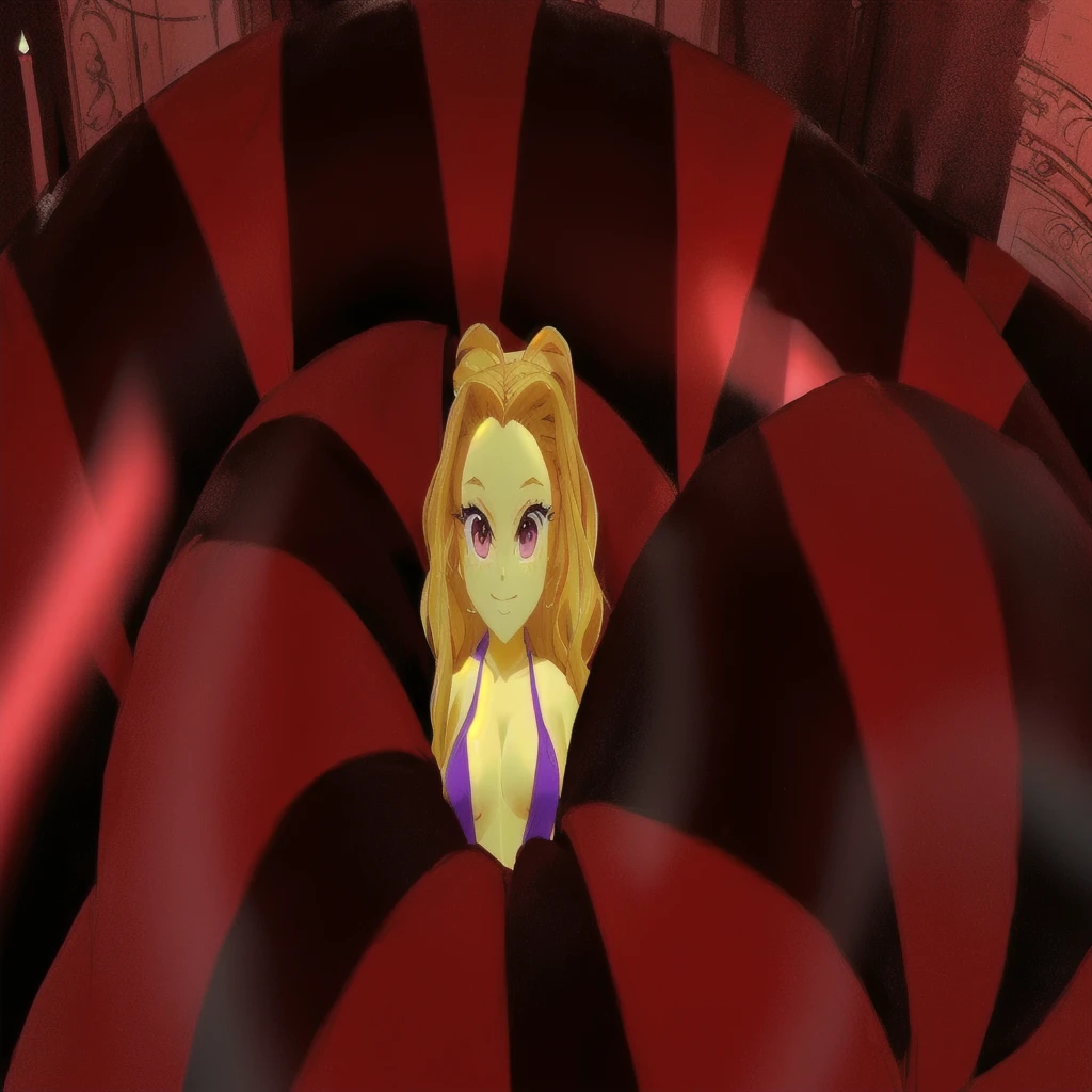 il y a une fille de dessin animé vêtue d'une robe violette debout dans une boule rouge géante, Avatar de seconde vie, Princesse extraterrestre, méchante princesse, de Sam et Max, succube en robe courte moulante, gros tentacule se faufiler, gorgone, y 2 k cutecore clowncore, dans une salle du trône, assis sur un trône d'obsidienne, belle gorgone femellee, Megara