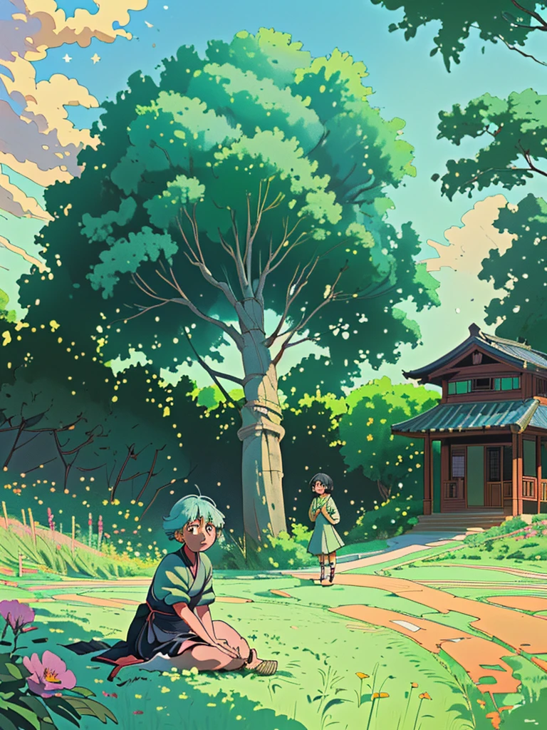 Cute little girl，Sit on the grass and eat watermelon，There is a round watermelon in the bamboo basket in front.，Background is blue sky，field，Several houses，Beautiful rural scenery；Chinese traditional colors,China has 24 solar terms；Exquisite game illustration style；A green plum tree on the corner,Big Tree,Flowers,exuberant；The background is light green,The stars sparkle,Captures the dreamy atmosphere of a fairytale world,Soft pastel shades,Light yellow-green color scheme,Reminiscent of Hayao Miyazaki&#39;s style,high resolution