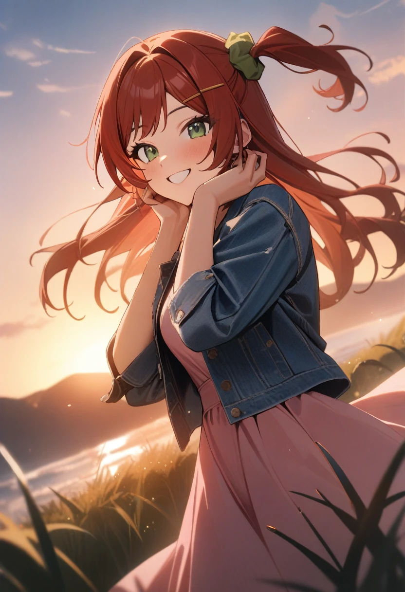 1girl, sakimiya iruka, dolphin wave, 
green eyes, red hair, one side up, hair ornament, green scrunchie, 
pink dress, denim jacket, 
hand on own cheek, smile, sunrise, grass, wind,
masterpiece, best quality, very aesthetic, newest, cinematic lighting, highres, absurdres, incredibly absurdres, 