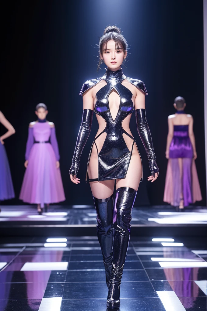 High-tech costumes Costumes made from futuristic materials created with nanotechnology。Color-changing fabric and self-repairing dresses。Metallic texture that reflects light、Costumes with haptic feedback。The background is the gorgeous runway of Paris Fashion Week。