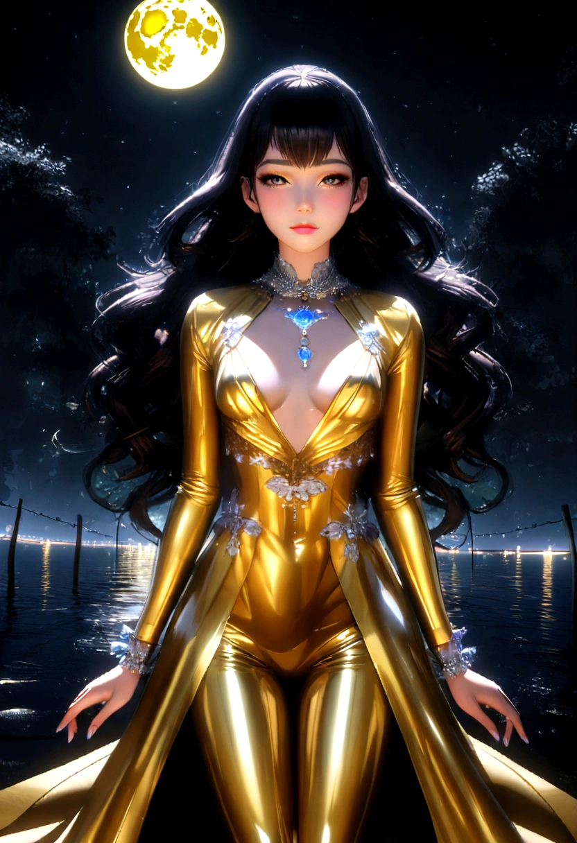 ((18-year-old girl)), Nice face, Very long hair, Fine grain, Detailed lips, Small breasts, ((Shiny clothes, Golden Clothing)), ((Cross Race)), Bare waist, sardine, ornament, jewelry, antique jewelry, loop, strap, Dim lighting, Spectacular views, ((Night view:1.5)), ((Realistic Moon)), Cherry Blossom, beautiful, rain, Flowers, butterfly, Water reflection, 4090 Graphics, (Unreal Engine 5), Ray Tracing, bloom effect, Front Pose,
information