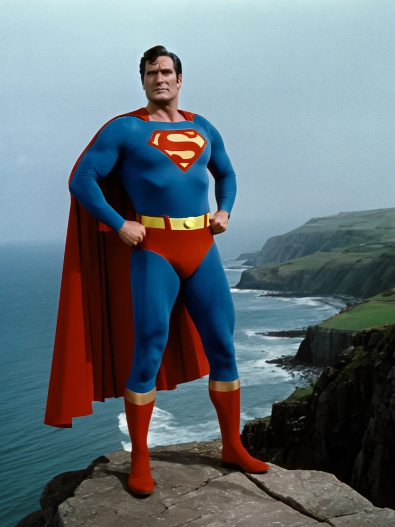 1970s, cold, cloudy sky, 70-year-old Superman, very broad shoulders, very protruding chest, very thick neck, arms and thighs that have gained fat, no abs, dull colored Superman costume, Superman mark spread out to the sides, bulging crotch, cape fluttering in strong wind, standing on a cliff