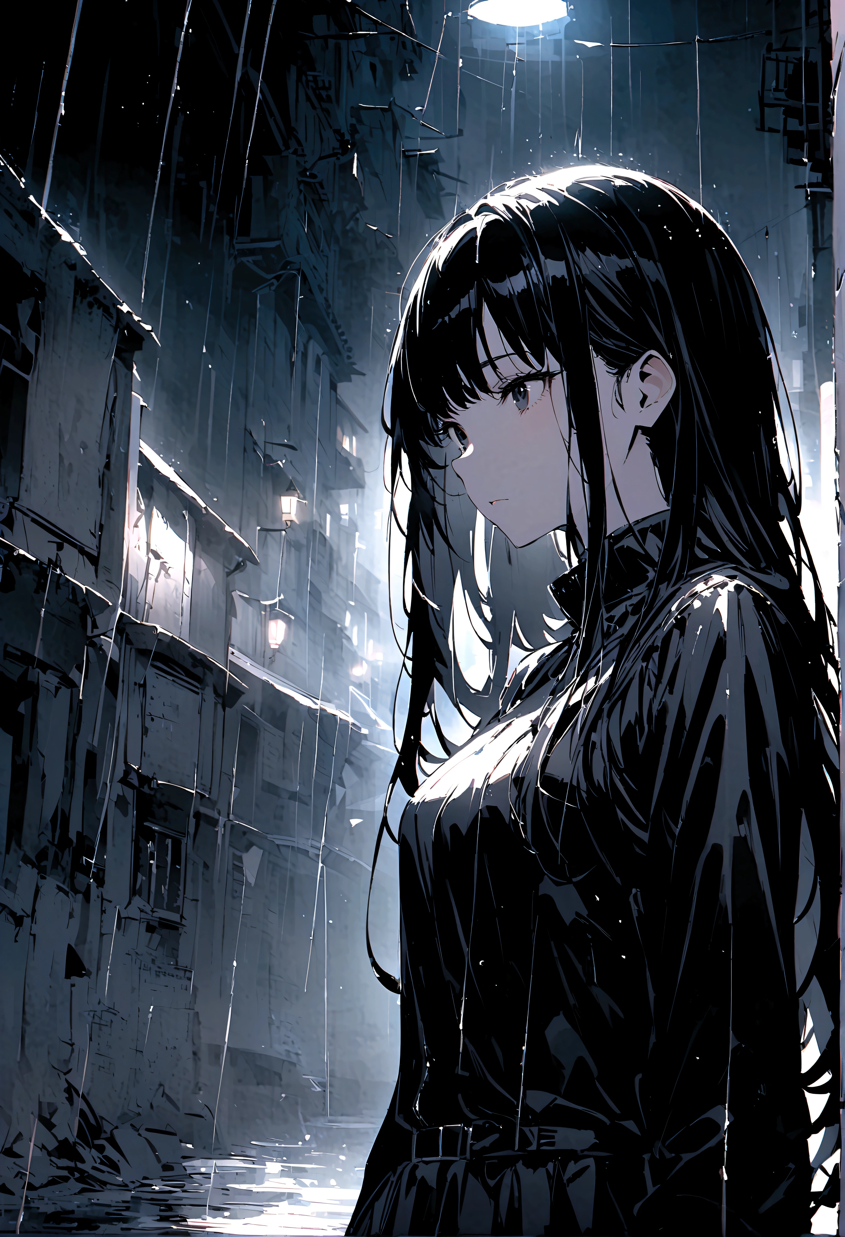 Long hair woman、Black Hair、black eyes、gloomily，moonlight，Cool，rain，((Black and white style))
