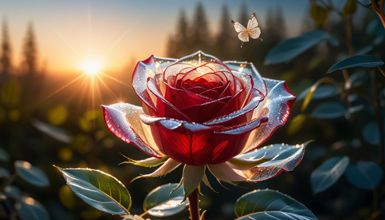 a beautiful transparent glass red rose with a exquisite fragile iridescent glass leafs, surrounded with [white:2] butterflies, intricate details, masterpiece, award winning, rich, breathtaking, golden hour light, bokeh, atmospheric, ((close up))