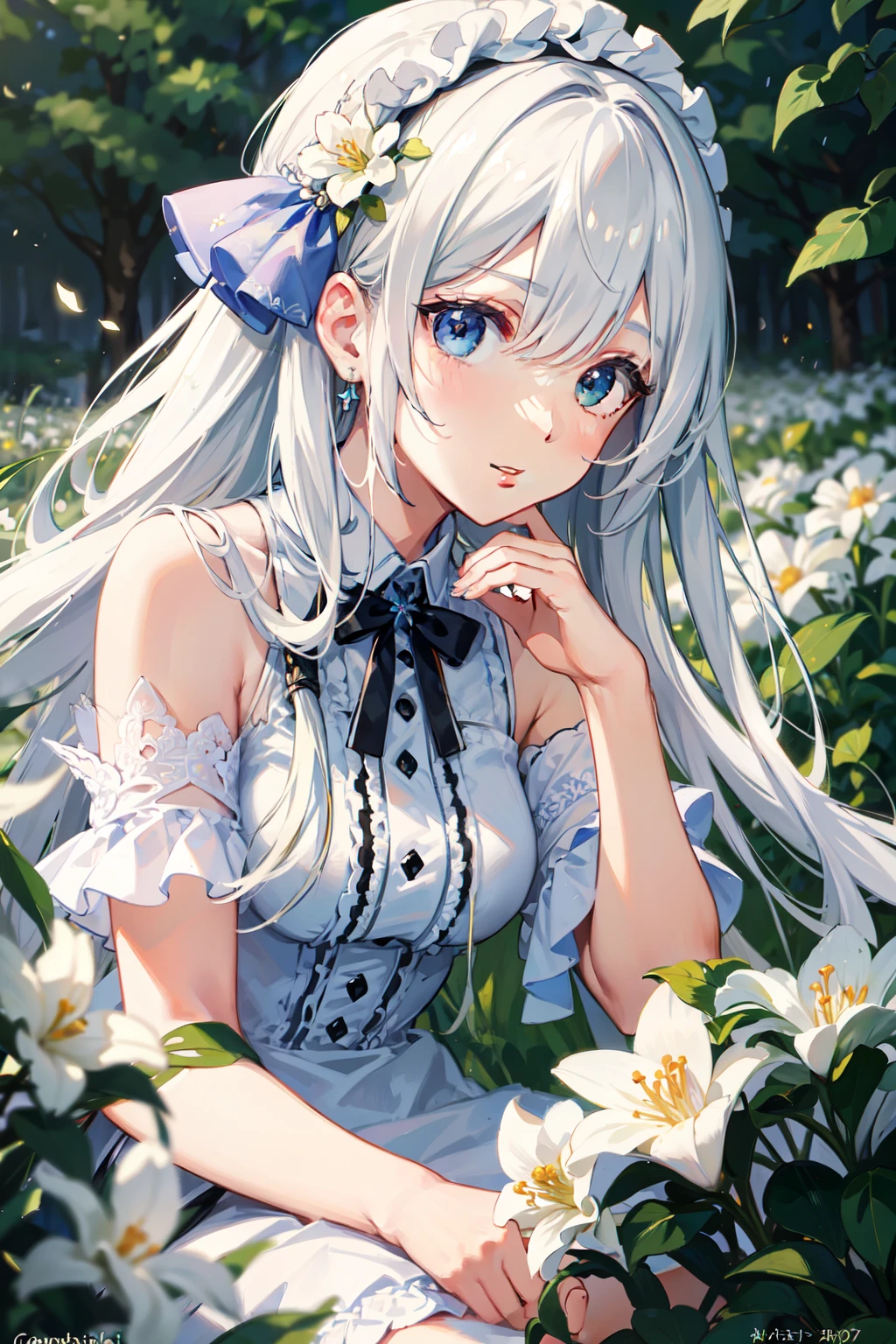 (masterpiece, best quality),1girl with long white hair sitting in a field of green plants and flowers, her hand under her chin, warm lighting, white dress, blurry foreground