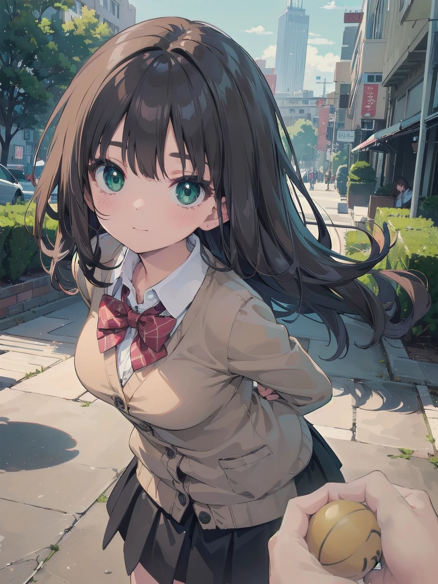 ((Tabletop, Highest quality, High resolution, Hmph, Pixel perfect, Depth of written boundary, 4K, Hmph, Hmph))), One Girl, single, alone, Beautiful Anime Girls, Beautiful art style, Anime characters, ((Long Hair, bangs, Dark brown hair, Curly Hair:0.8)), ((Green Eyes:1.4, Fine grain, Beautiful Eyes, Perfect Eyes,Curled eyelashes, Realistic eyes)), ((Detailed face, Blushing:1.2)), ((Smooth texture:0.75, Realistic texture:0.5, Anime CG Style)), Medium chest, Dynamic Angle, Big Breasts, Perfect body, Dynamic pose, ((Red bow tie, , Black jacket, Open jacket, Brown cardigan, White shirt, Black Skirt, Checked skirt)), smile, Open your mouth, Put your arms behind your back, Leaning forward, Amalment Park, ((close, throw, cute, Shoot in the face))