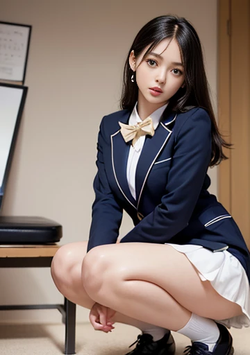 (highest quality, super detailed, golden ratio, table top:1.2), Stage lighting:0.7, Photo of three 18-year-old Rigahyeon Korean women in uniform,  Perfect anatomy of the thigh,Female Lesbian, perfect face, (highly detailed skin), Randomly colored hair, Hide your mouth with your hands、laugh at, skin texture, white skin, shiny skin, (slim, :1.2), [:(focus clearly on the face, perfect eyes:1.2):0.2], realistic, film grain、Hide your mouth with your hands and smile, random pose、three women、look up from below、straddle、look happy、Show the soles of your feet