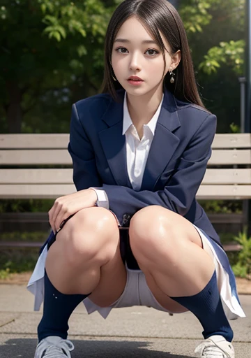 Dark blue high socks Magic Mix Real、(RAW Photos:1.2)、(Realistic:1.4)、The beauty of beautiful details Delicate expression、blonde、((White panties are visible))(Squatting bench)Earrings eyelash Beautiful and detailed、Large file size、Super detailed、High resolution、Transcendental beauty Highest quality、masterpiece、、(Japanese girl uniform))、Extremely detailed representation growing up、In detail、Highly detailed facial cinematic lighting、23-year-old girl、positive、((Dynamic pose)))、(Sit with your knees bent))、Pleated skirt、blazer、Sexy upward glance