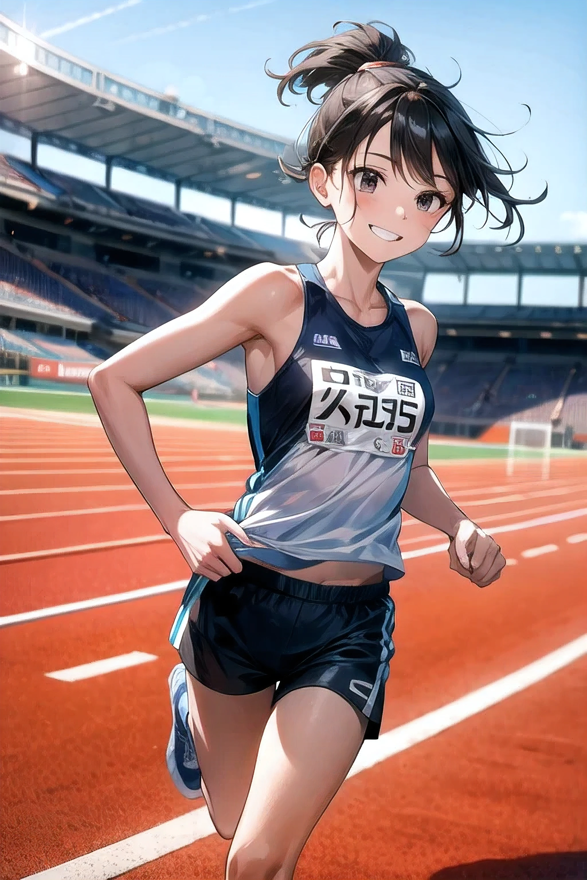 Female runner running on a stadium track,The start is coming soon,Black Hair,Sportswear,Shorts,Detailed representation,Smiling