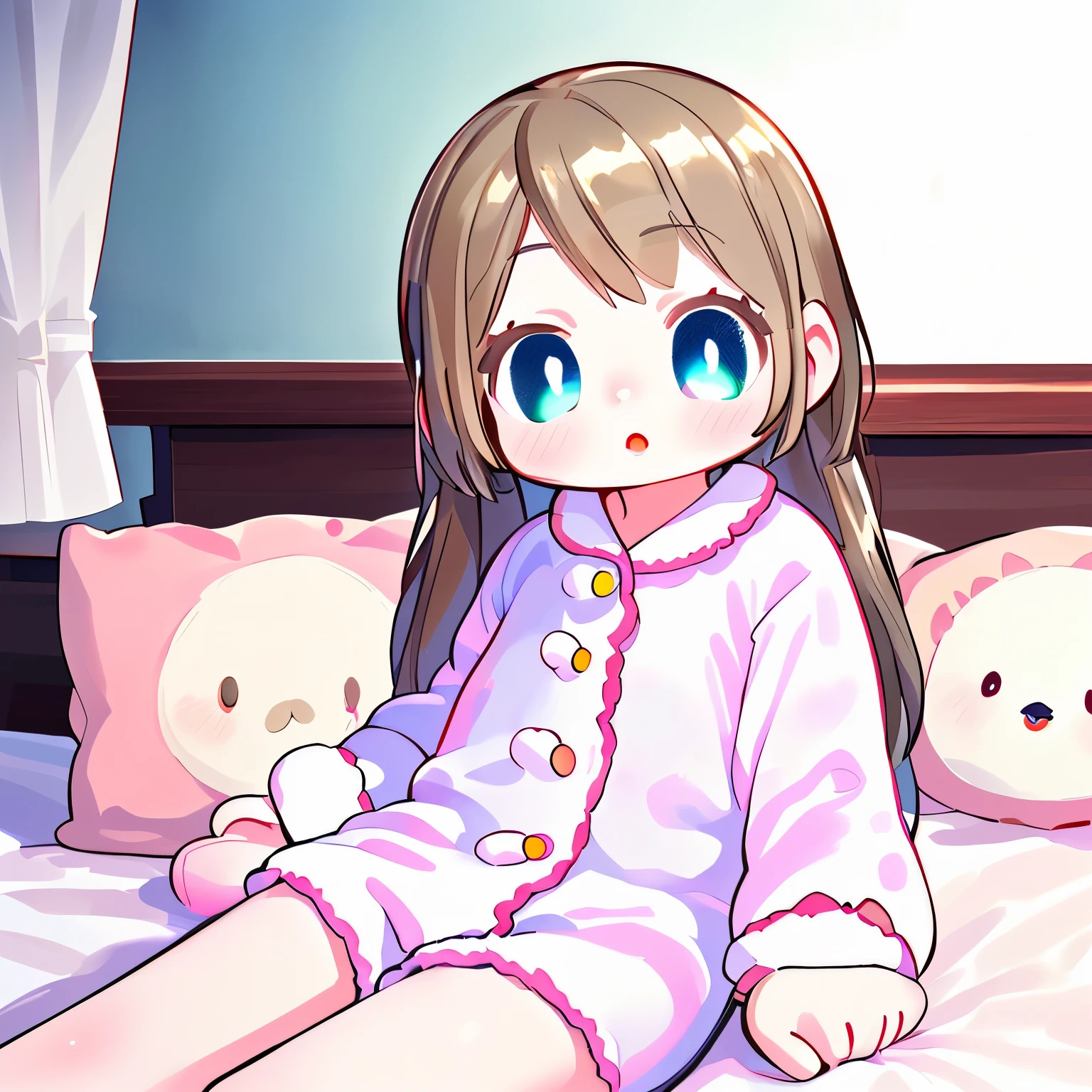 a cute  doll in pajamas, photorealistic, beautiful detailed eyes, beautiful detailed lips, extremely detailed face, longeyelashes, 1girl, sitting on bed, having pajama party, warm lighting, soft pastel colors, cozy bedroom interior, plush toys, stuffed animals, decorative pillows, fuzzy blankets, (best quality,4k,8k,highres,masterpiece:1.2),ultra-detailed,(realistic,photorealistic,photo-realistic:1.37),HDR,UHD,studio lighting,ultra-fine painting,sharp focus,physically-based rendering,extreme detail description,professional,vivid colors,bokeh